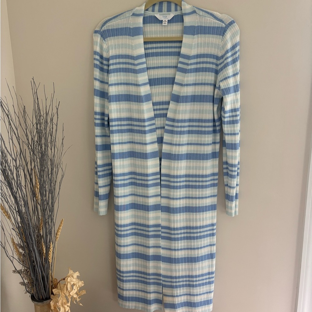 Long Open-Front Ribbed Cardigan - Light Blue & Cream Stripes